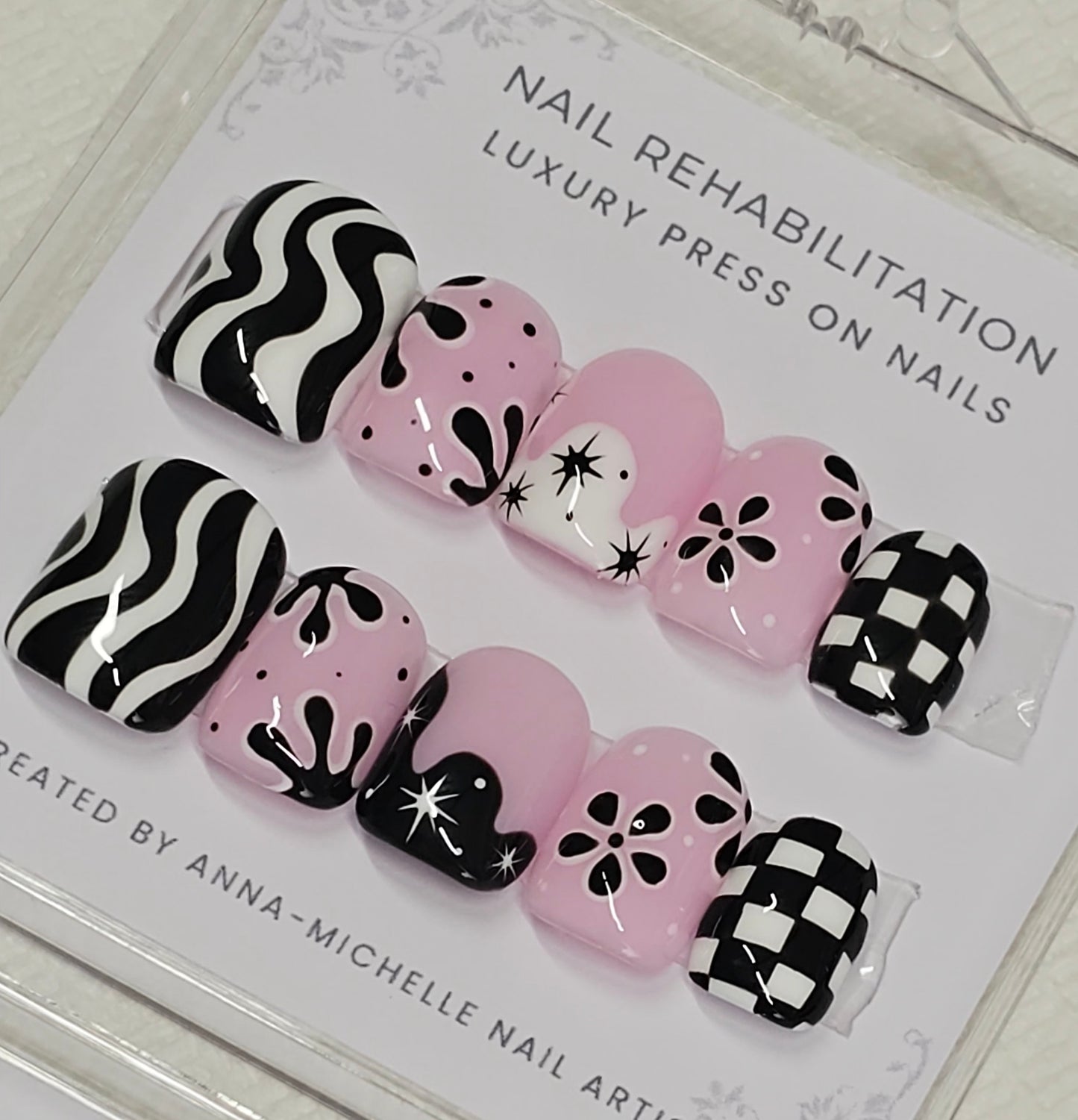 Black and White mix n match press ons with matching toe nails