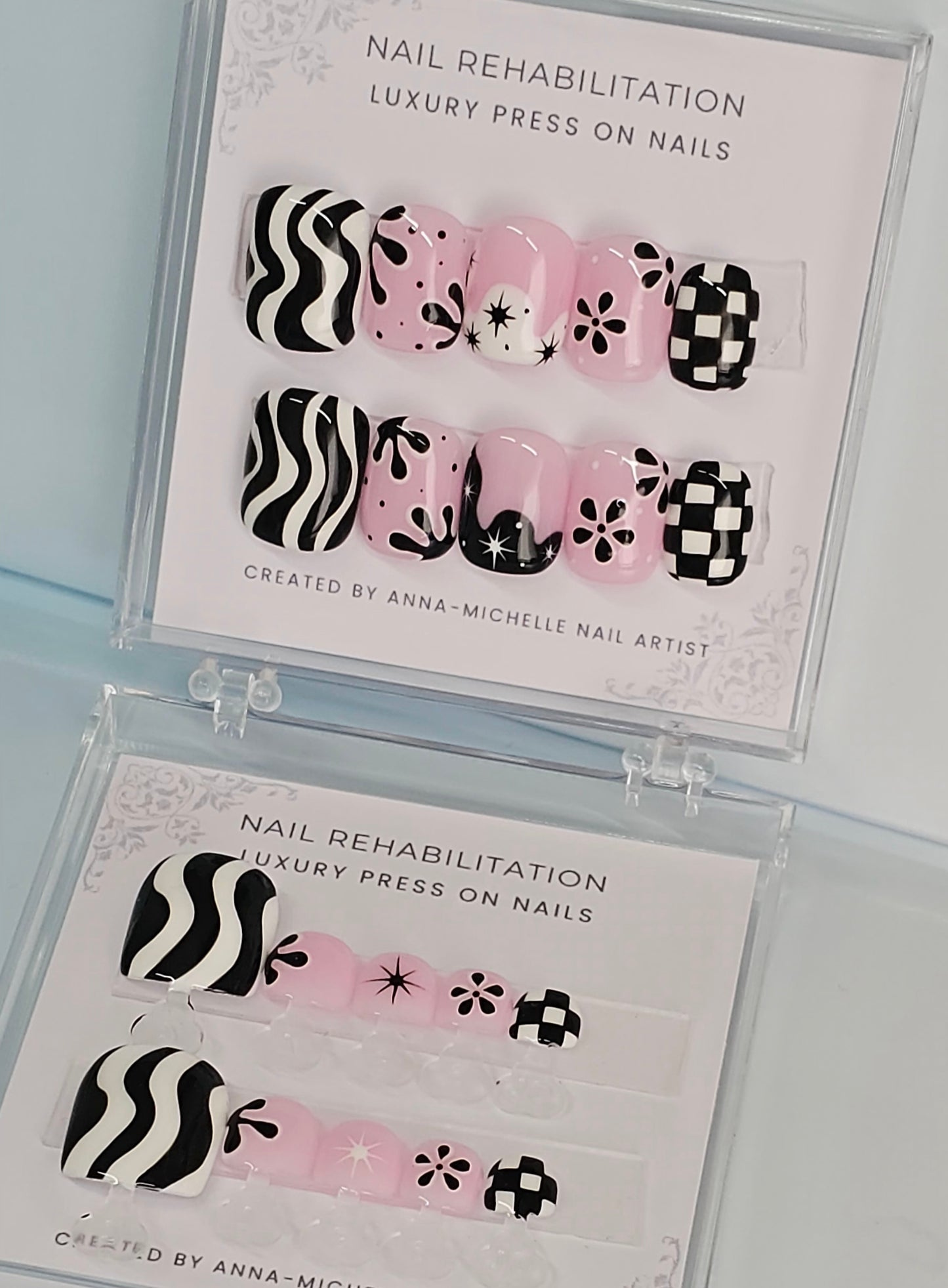 Black and White mix n match press ons with matching toe nails