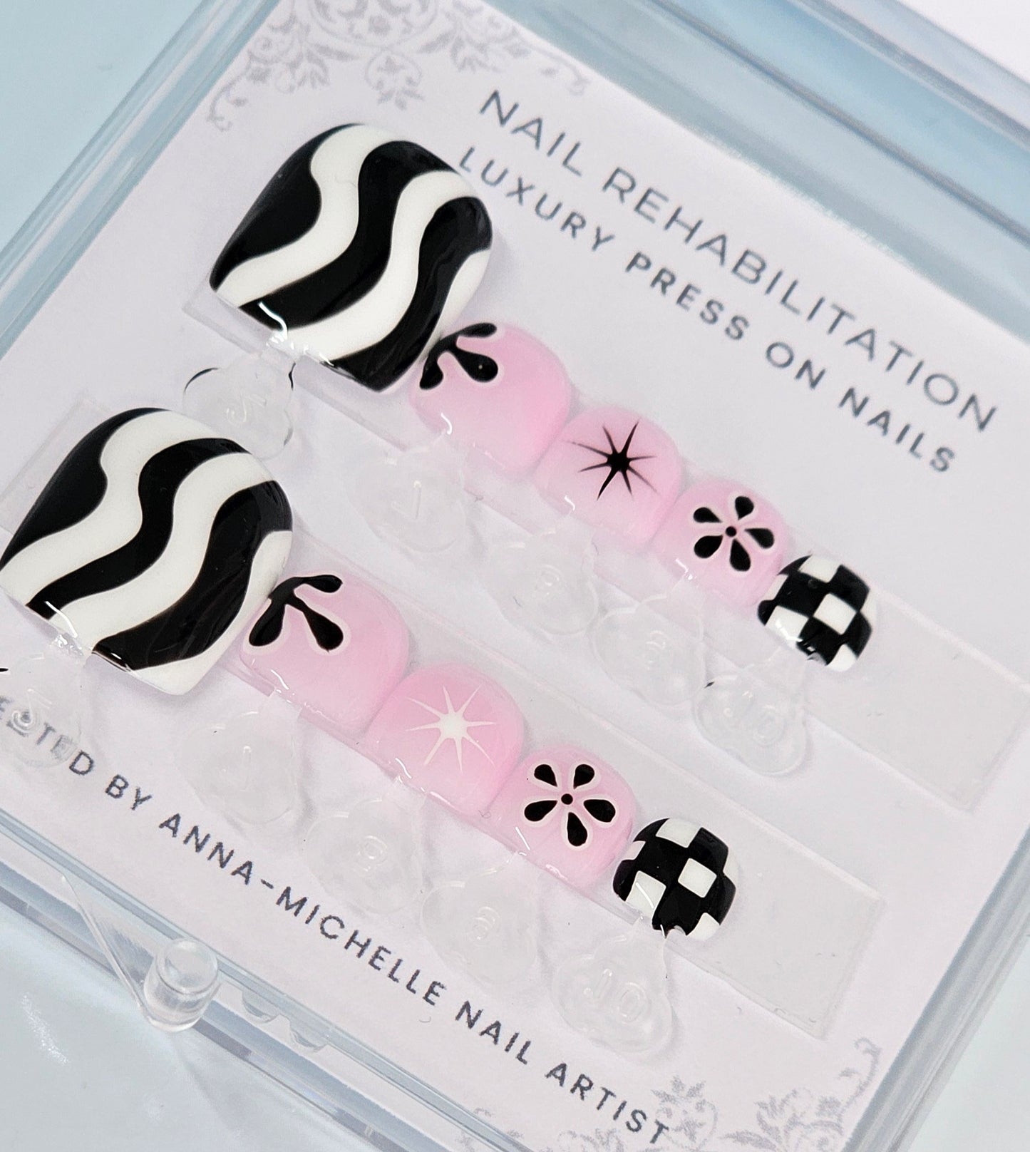 Black and White mix n match press ons with matching toe nails