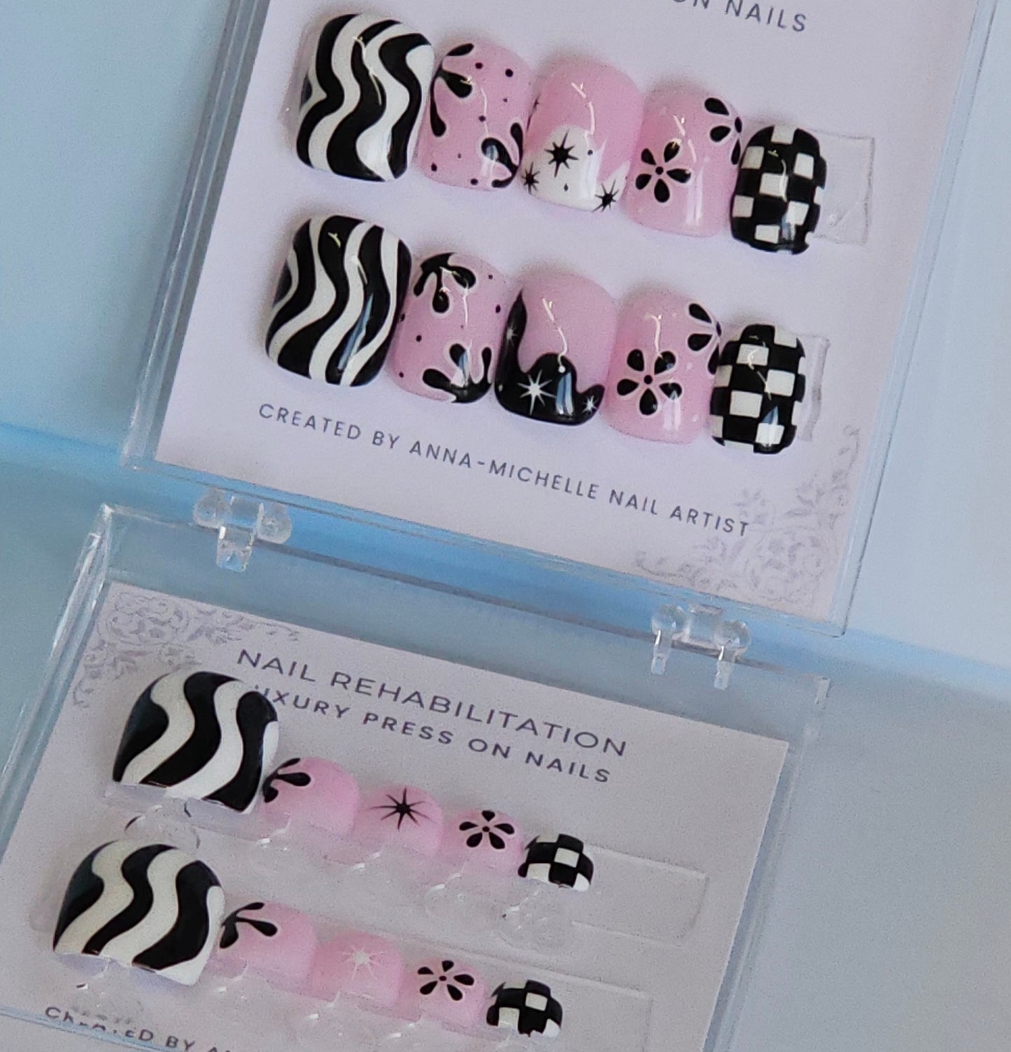 Black and White mix n match press ons with matching toe nails