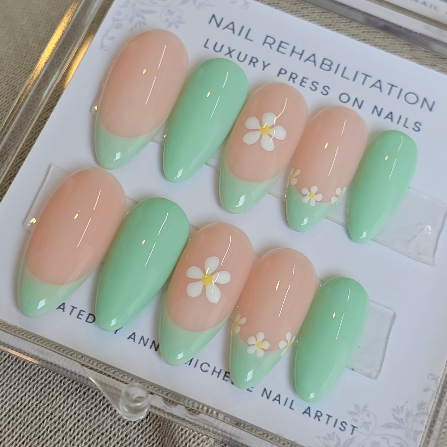 Green with floral press ons with matching toe nails