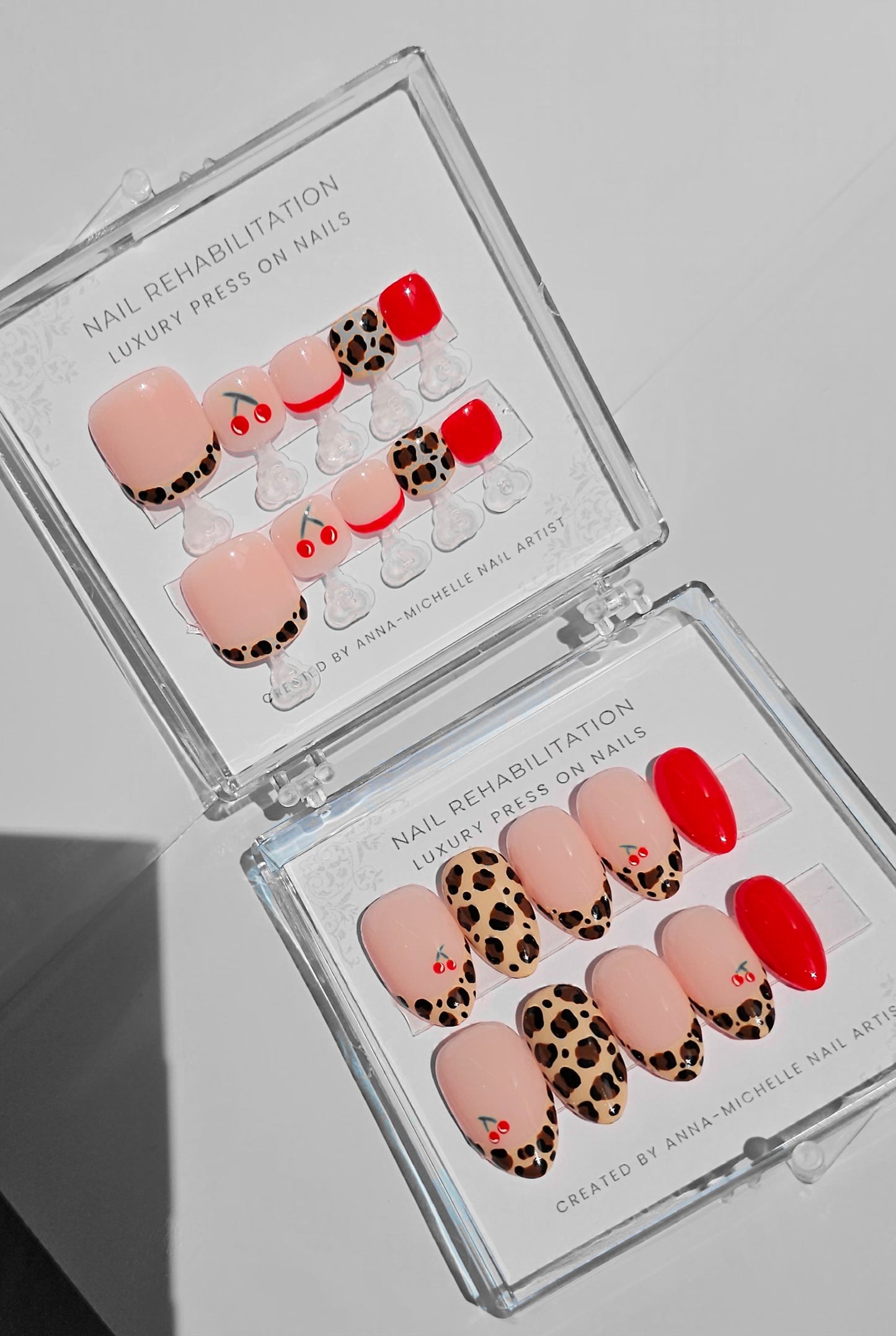 Leopard print 🐆 and cherry's 🍒 press ons with matching toe nails