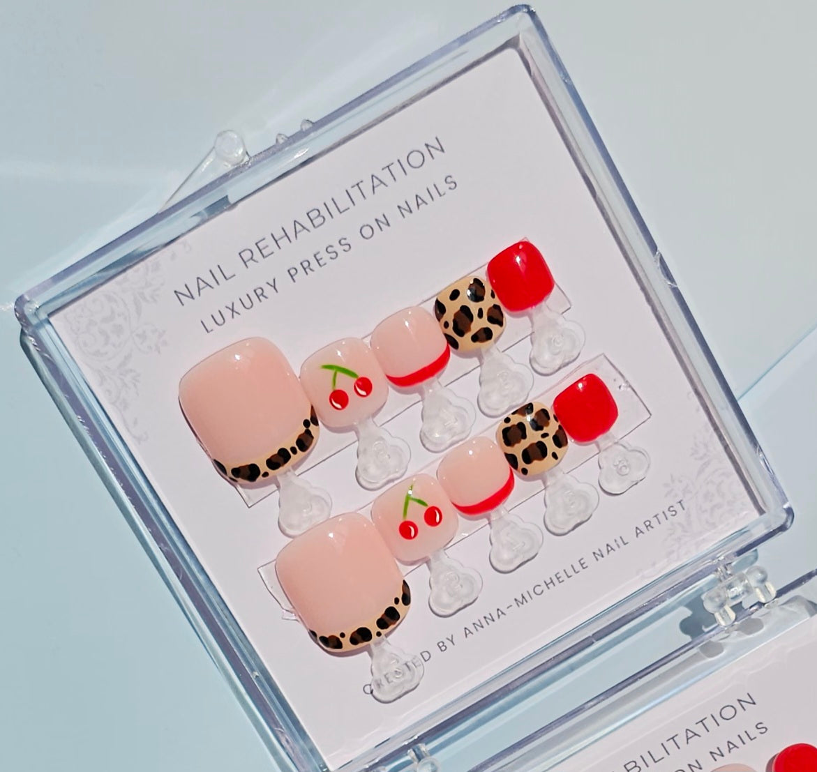 Leopard print 🐆 and cherry's 🍒 press ons with matching toe nails