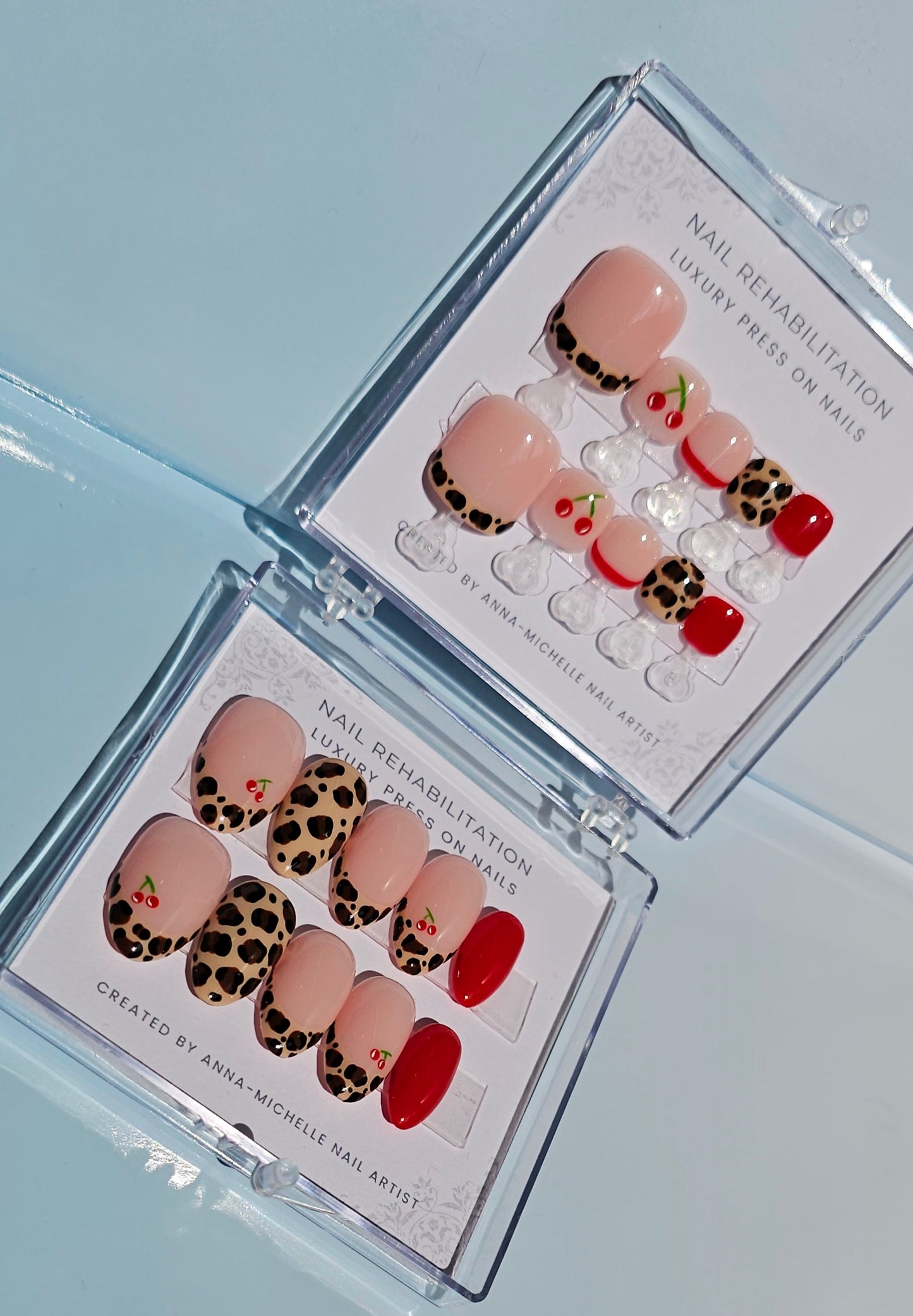 Leopard print 🐆 and cherry's 🍒 press ons with matching toe nails