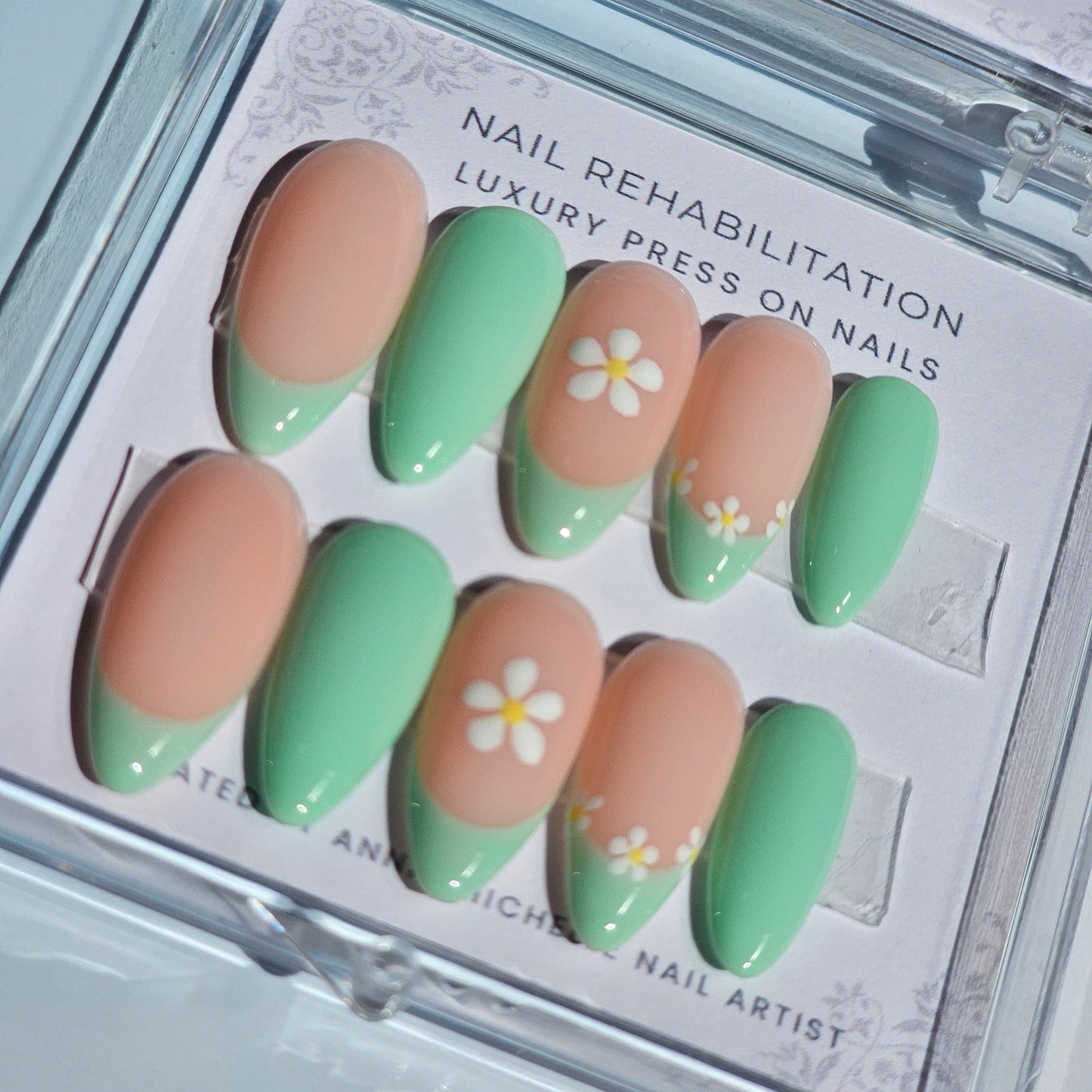 Green with floral press ons with matching toe nails