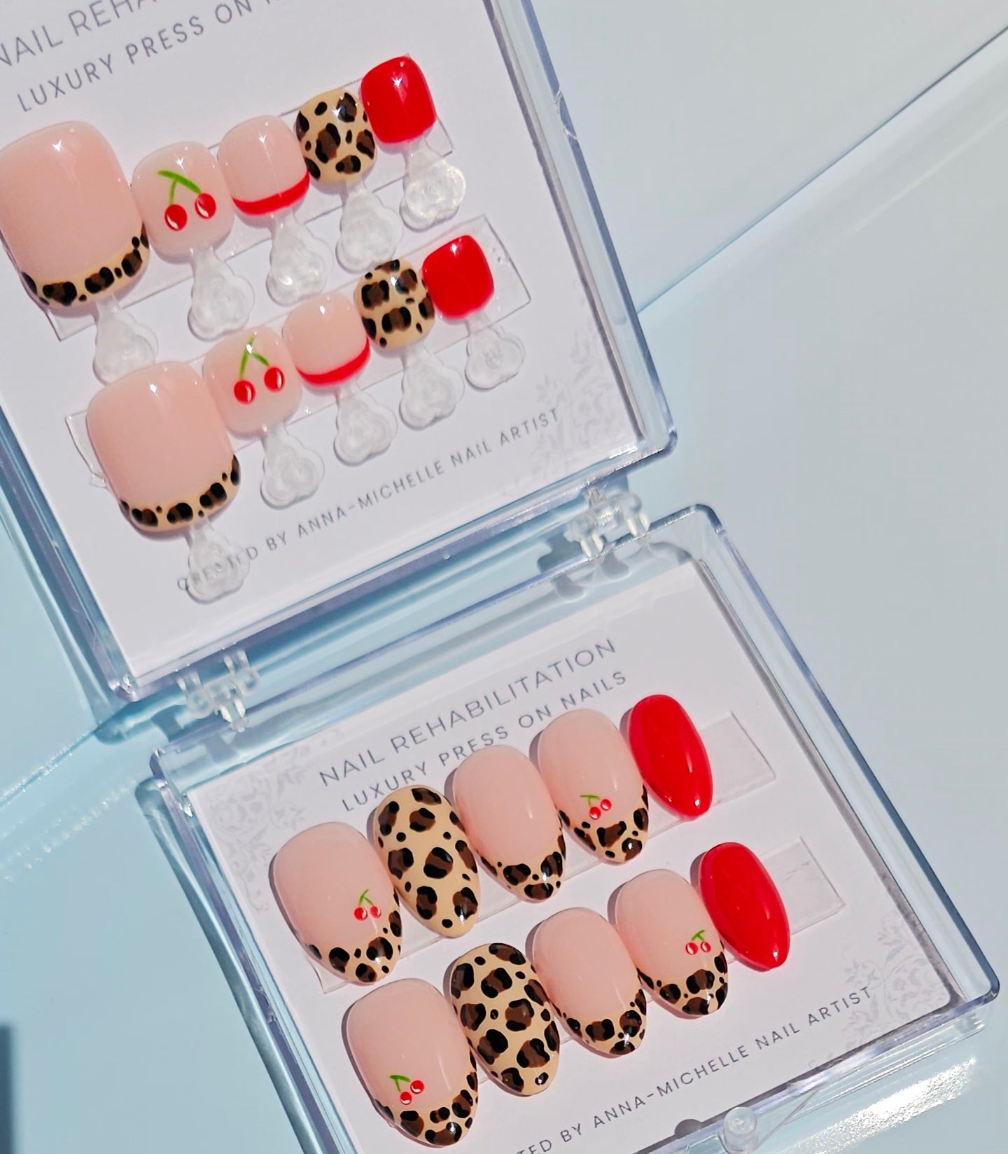 Leopard print 🐆 and cherry's 🍒 press ons with matching toe nails